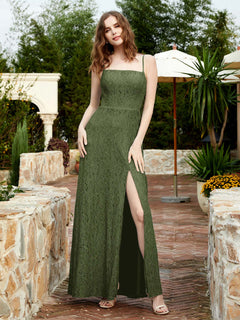 Square Neck Lace Bridesmaid Gown with Slit Olive Green