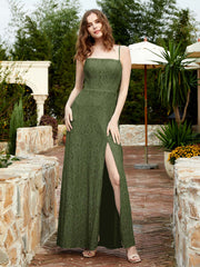 Square Neck Lace Bridesmaid Gown with Slit Olive Green