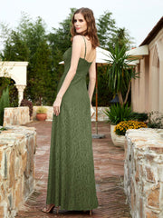 Square Neck Lace Bridesmaid Gown with Slit Olive Green