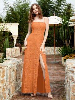 Square Neck Lace Bridesmaid Gown with Slit Orange