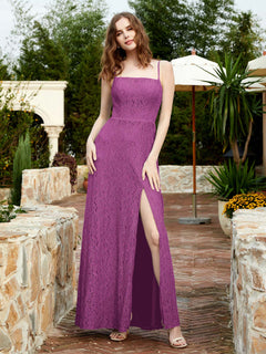 Square Neck Lace Bridesmaid Gown with Slit Orchid