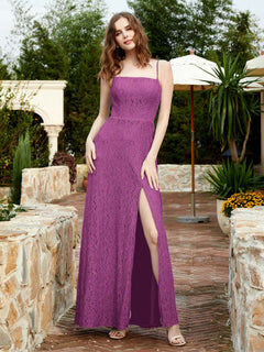 Square Neck Lace Bridesmaid Gown with Slit Orchid Plus Size