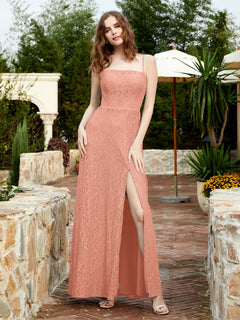 Square Neck Lace Bridesmaid Gown with Slit Papaya