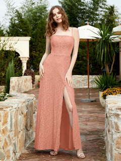 Square Neck Lace Bridesmaid Gown with Slit Papaya Plus Size