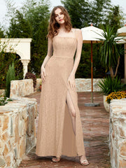 Square Neck Lace Bridesmaid Gown with Slit Peach