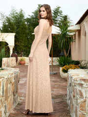 Square Neck Lace Bridesmaid Gown with Slit Peach