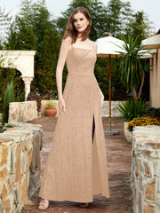 Square Neck Lace Bridesmaid Gown with Slit Peach