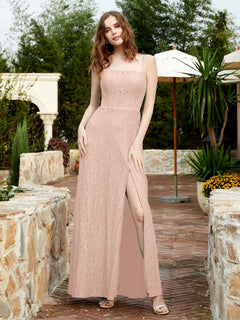 Square Neck Lace Bridesmaid Gown with Slit Pearl Pink