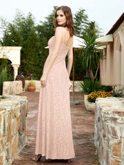 Square Neck Lace Bridesmaid Gown with Slit Pearl Pink
