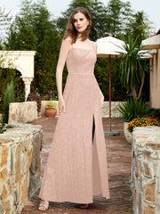 Square Neck Lace Bridesmaid Gown with Slit Pearl Pink