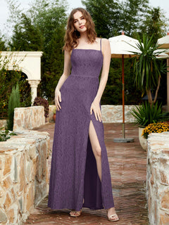 Square Neck Lace Bridesmaid Gown with Slit Plum