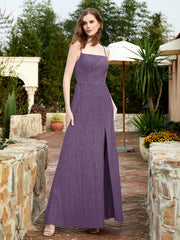 Square Neck Lace Bridesmaid Gown with Slit Plum