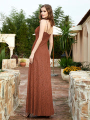 Square Neck Lace Bridesmaid Gown with Slit Rust Plus Size