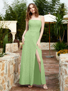 Square Neck Lace Bridesmaid Gown with Slit Sage