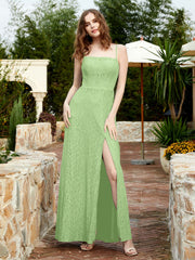Square Neck Lace Bridesmaid Gown with Slit Sage Plus Size