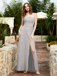 Square Neck Lace Bridesmaid Gown with Slit Silver