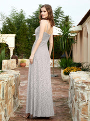Square Neck Lace Bridesmaid Gown with Slit Silver