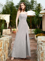 Square Neck Lace Bridesmaid Gown with Slit Silver