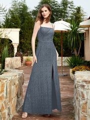 Square Neck Lace Bridesmaid Gown with Slit Slate Blue