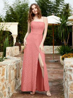 Square Neck Lace Bridesmaid Gown with Slit Sunset