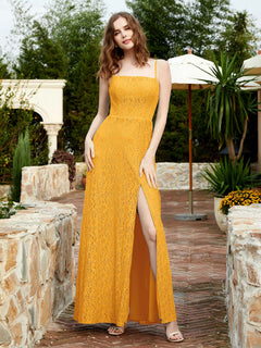Square Neck Lace Bridesmaid Gown with Slit Tangerine