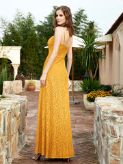 Square Neck Lace Bridesmaid Gown with Slit Tangerine