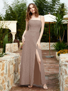 Square Neck Lace Bridesmaid Gown with Slit Taupe