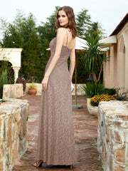 Square Neck Lace Bridesmaid Gown with Slit Taupe
