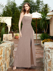 Square Neck Lace Bridesmaid Gown with Slit Taupe