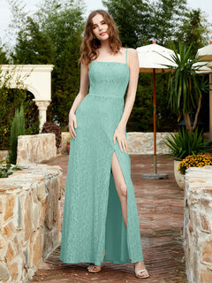Square Neck Lace Bridesmaid Gown with Slit Turquoise