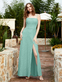 Square Neck Lace Bridesmaid Gown with Slit Turquoise Plus Size