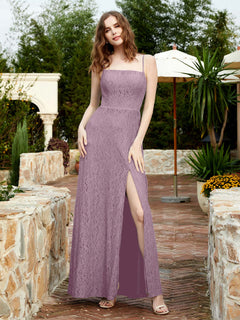 Square Neck Lace Bridesmaid Gown with Slit Vintage Mauve