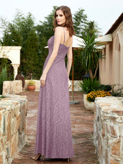 Square Neck Lace Bridesmaid Gown with Slit Vintage Mauve