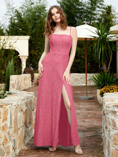 Square Neck Lace Bridesmaid Gown with Slit Watermelon