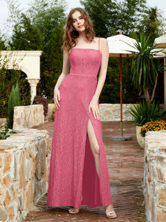 Square Neck Lace Bridesmaid Gown with Slit Watermelon Plus Size