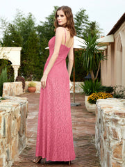 Square Neck Lace Bridesmaid Gown with Slit Watermelon