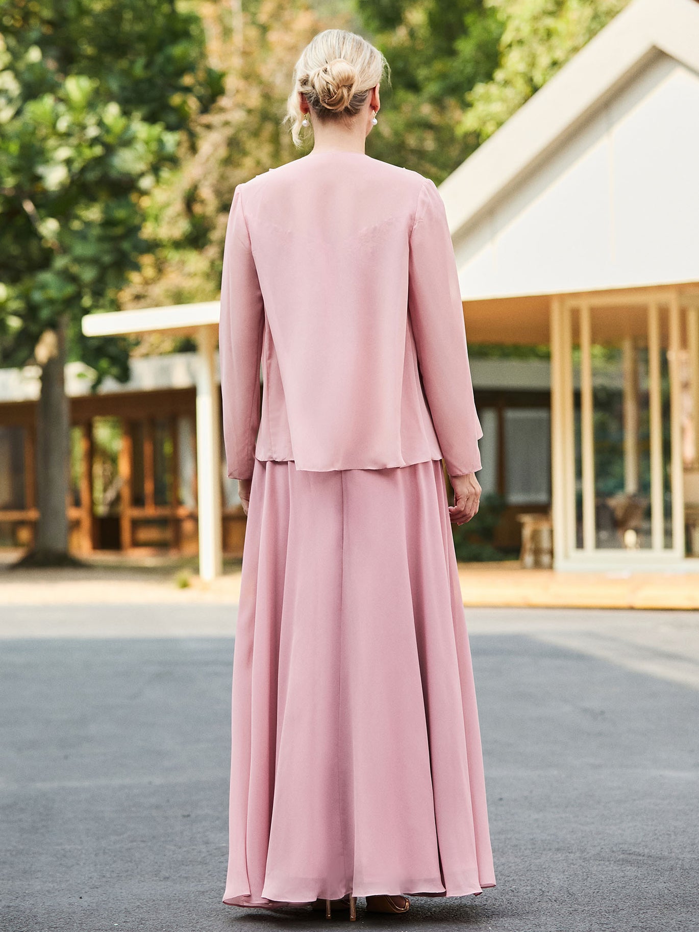 V-Neck Floor-Length Chiffon Lace Dress Dusty Rose Plus Size main image 1