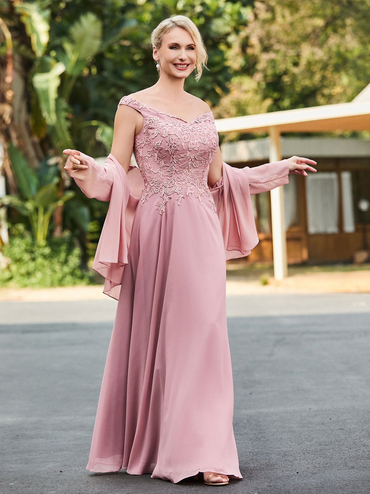 Lace and Tulle Floor Length Dress with V neck Dusty Rose