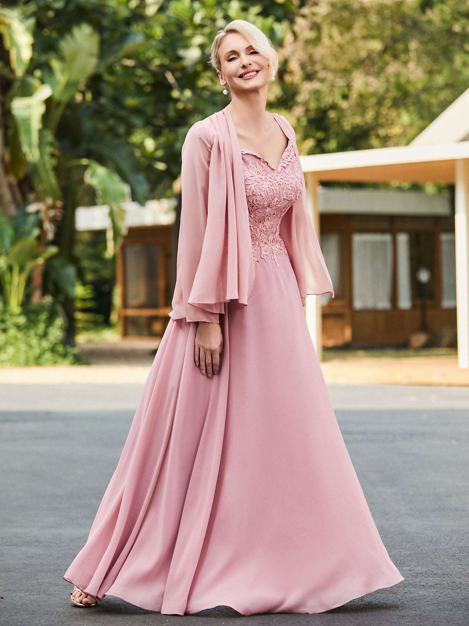Flowy Scoop Chiffon Cape Lace Floor-length Dress Dusty Rose main image 1