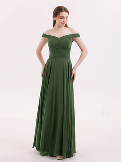 Off Shoulder Full Length Chiffon Dress Olive Green