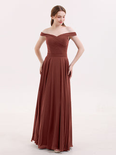 Off Shoulder Full Length Chiffon Dress Terracotta