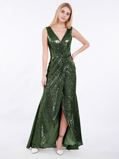 Short Front Long Back Sequins Dress Olive Green