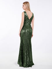 Short Front Long Back Sequins Dress Olive Green