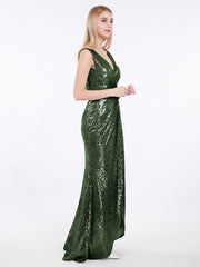 Short Front Long Back Sequins Dress Olive Green