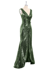 Short Front Long Back Sequins Dress Olive Green Plus Size