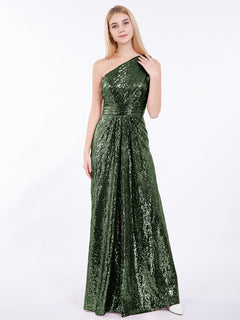 One Shoulder Long Sequins Gown Olive Green