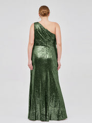 One Shoulder Long Sequins Gown Olive Green Plus Size