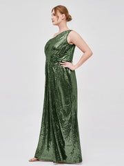 One Shoulder Long Sequins Gown Olive Green Plus Size