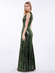 One Shoulder Long Sequins Gown Olive Green