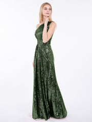 One Shoulder Long Sequins Gown Olive Green